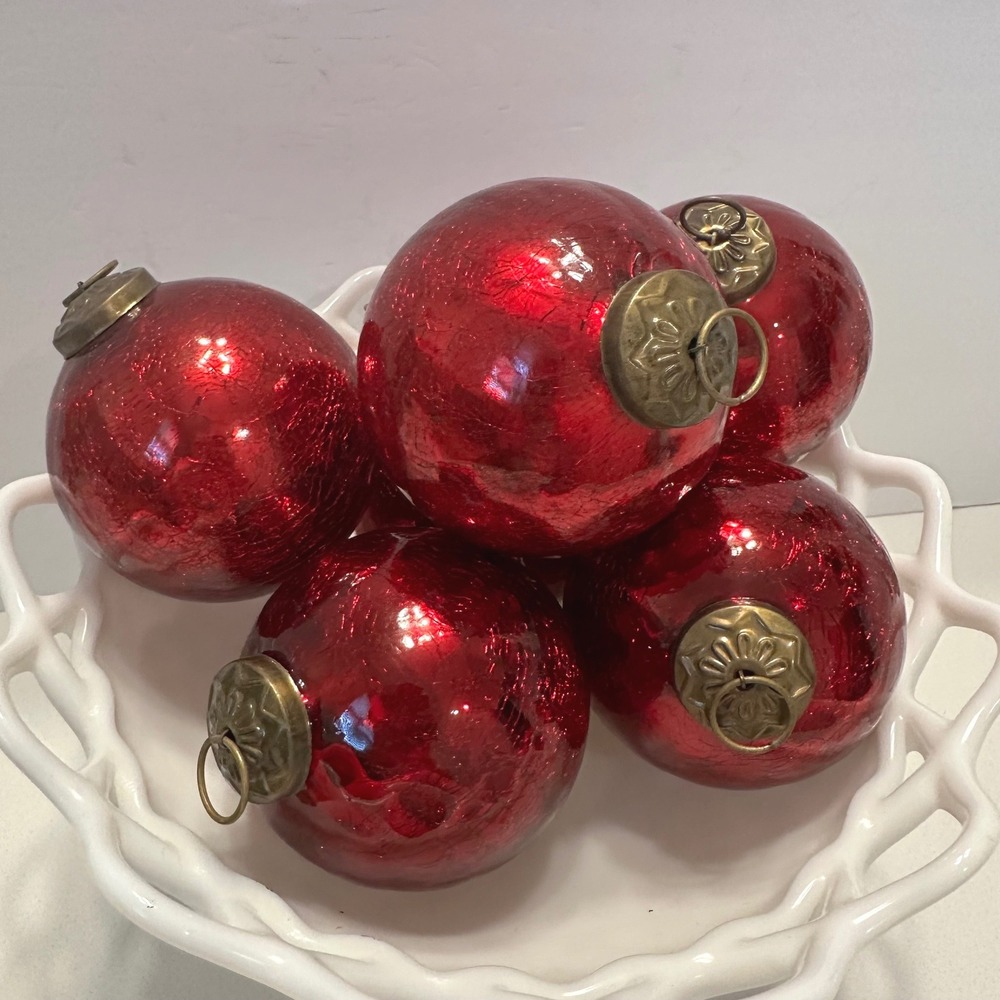 Restoration Hardware Red Crackle Glass Christmas Ornaments Set of 6 Brass Top‎